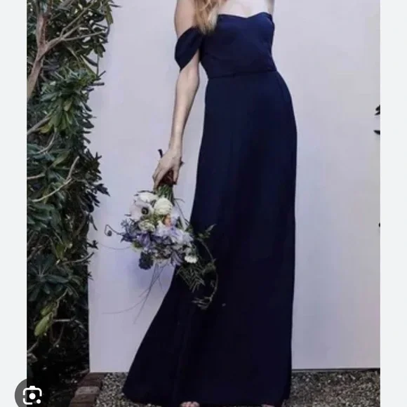 WAYF Rachel Off the Shoulder Gored Maxi Dress in Navy - Picture 2 of 10